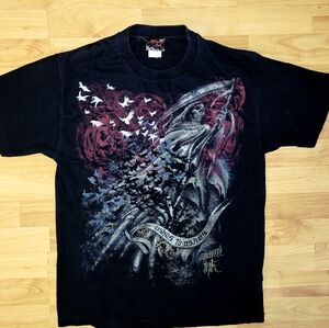 Y2K Miami Ink Ashes To Ashes With Death Skull Black Tee Grungy Graphic, Large.